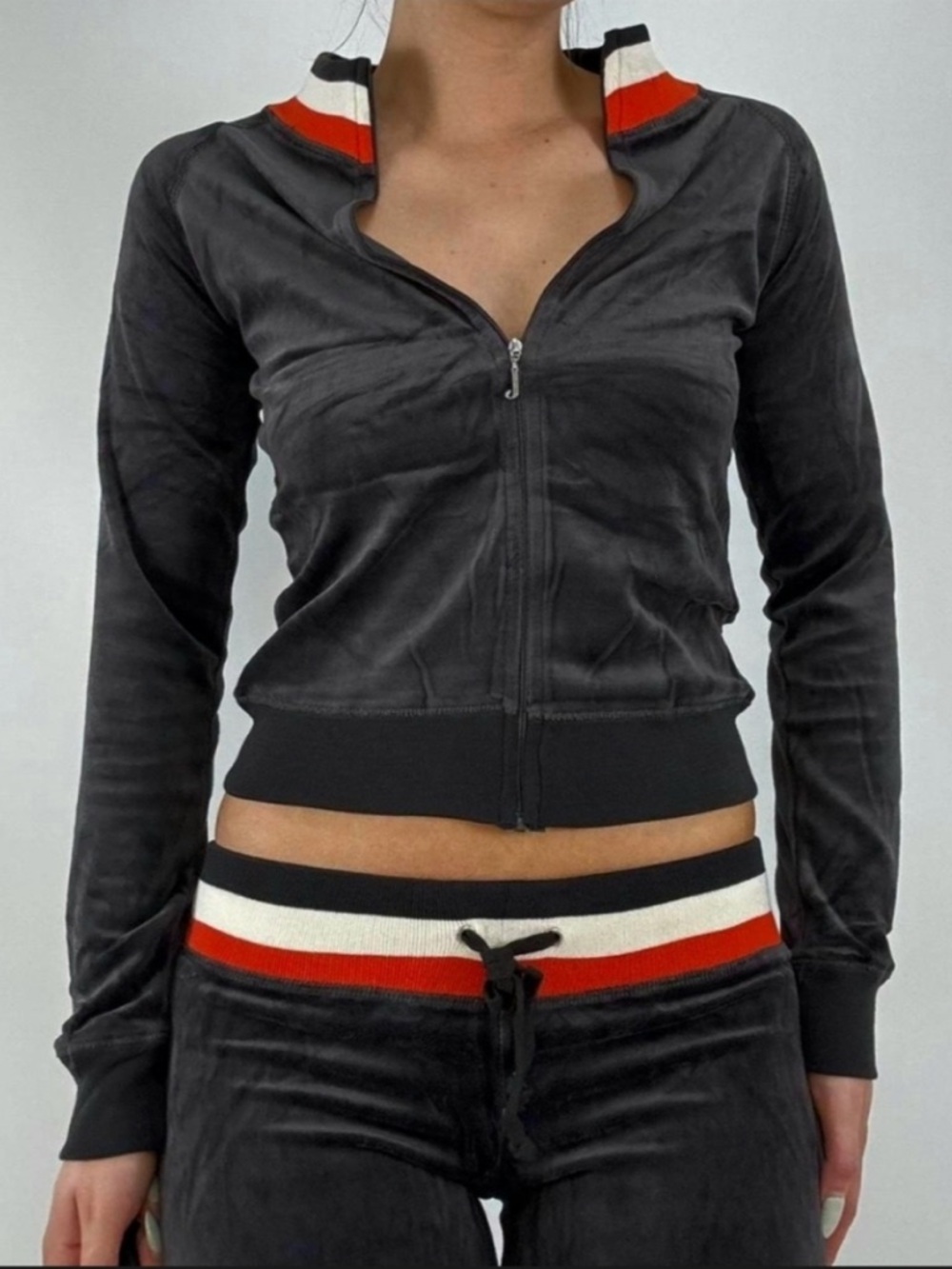 Y2K Vintage Juicy Couture Velour Tracksuit Set Made in USA Charcoal Striped M
